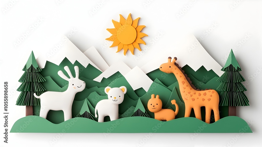 Aufkleber whimsical 3d clay cartoon animals in a layered paper cut forest landscape with trees mountains and a