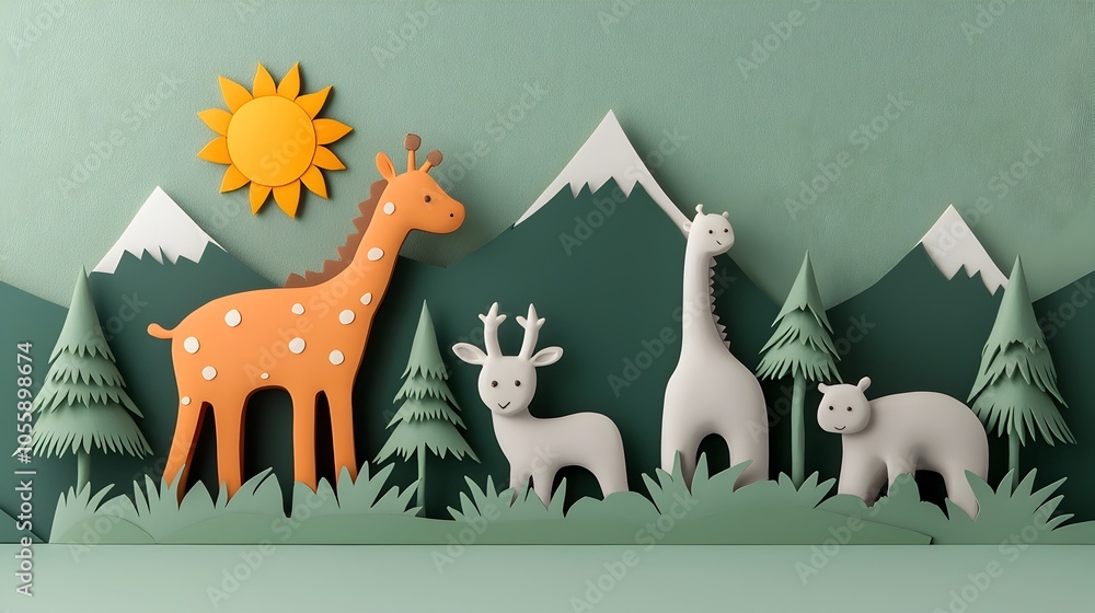 Aufkleber whimsical and charming 3d clay cartoon animals nestled in a layered paper cut forest landscape with 
