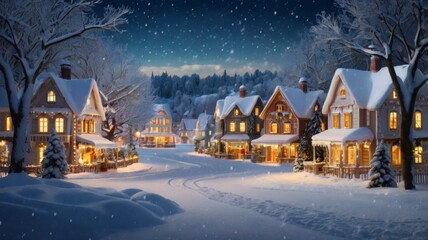 Magic Christmas market with handmade gingverbread houses and trees. Night sky with stars and huge moon on background.