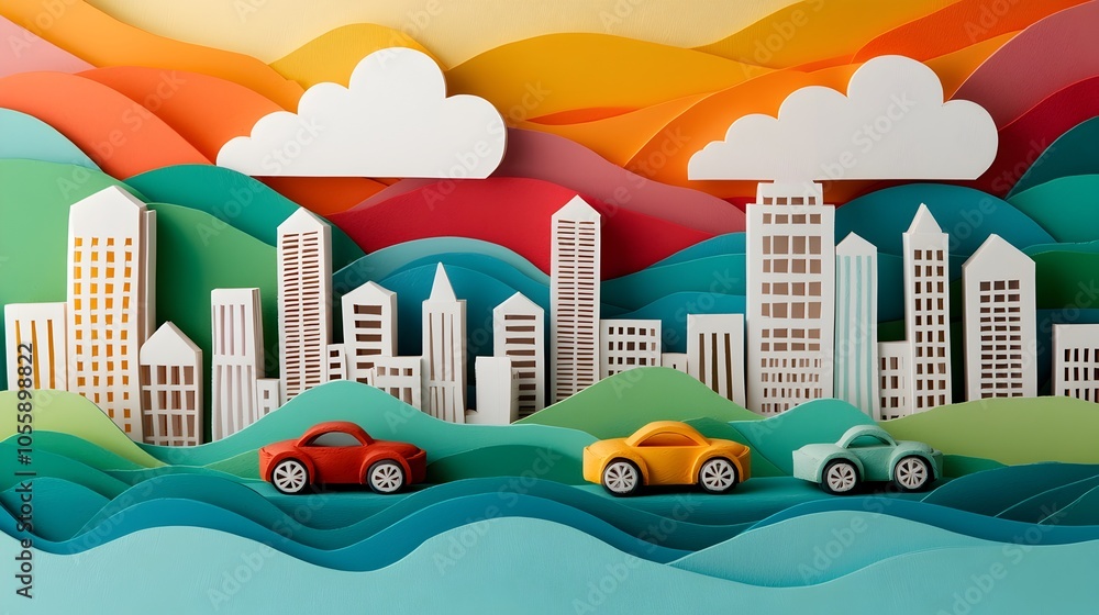 Poster Visually striking 3D rendered scene of colorful clay car models racing through a layered paper cut city environment with geometric buildings and a dynamic layered sky background  A unique