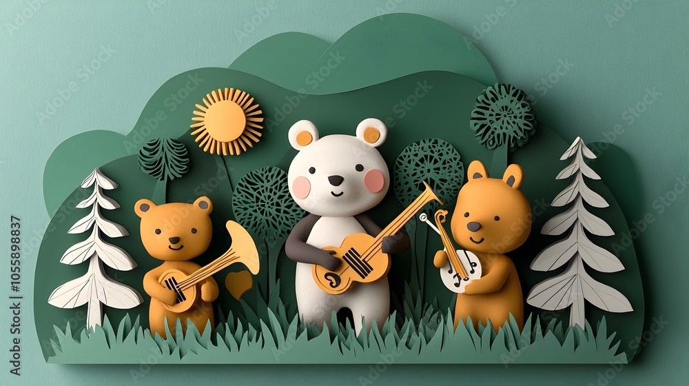 Aufkleber cute and charming 3d clay animals playing musical instruments in a whimsical layered paper cut fores