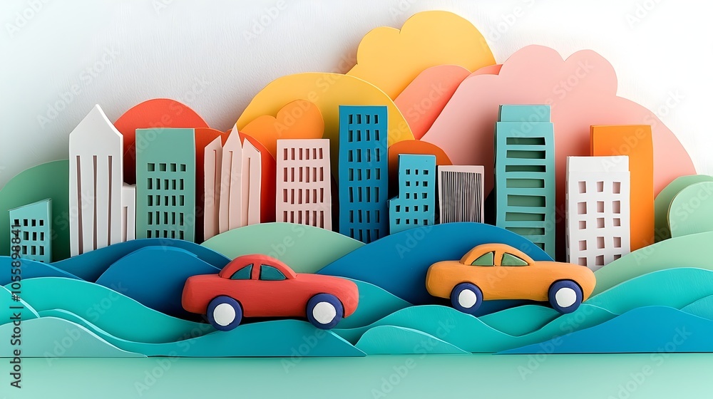 Poster vibrant 3d clay cars speeding through a whimsical paper cut city with layered buildings a colorful s