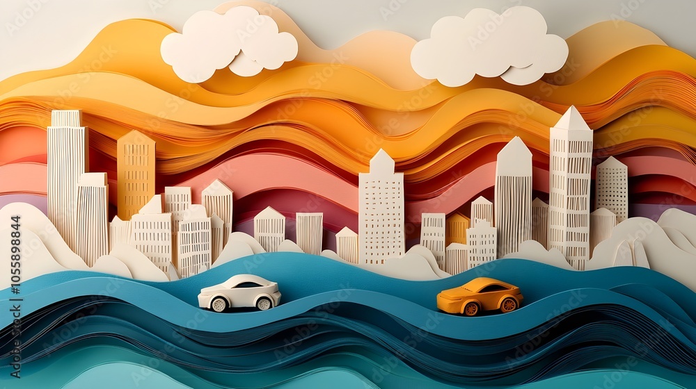 Poster A dynamic and visually striking scene featuring 3D clay cars racing through a captivating paper cut city landscape with colorful layered buildings and a layered sky backdrop