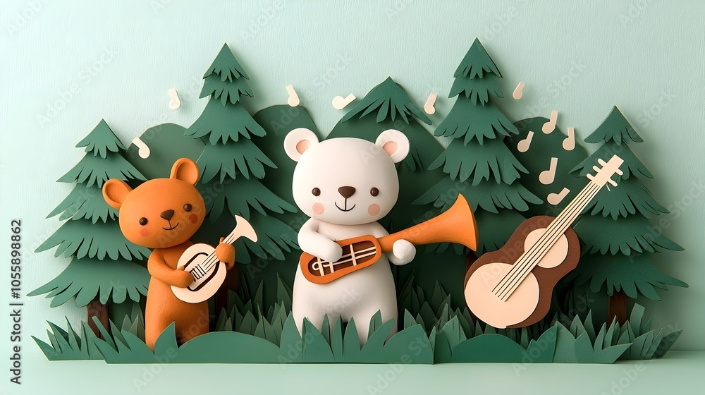 Poster Charming 3D clay animal figurines playing various musical instruments in a captivating paper cut forest setting with layered trees and floating musical notes