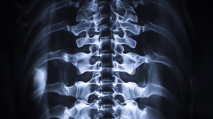 The image shows a detailed x-ray of a human spine. The vertebrae are clearly visible, along with the surrounding ribcage.