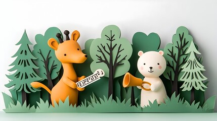 Naklejka premium Adorable 3D clay animal figurines playing musical instruments in a whimsical paper cut forest setting with layered trees and floating musical notes A colorful imaginative digital