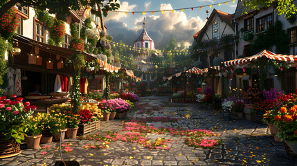 Obraz premium A Charming Flower Market in a Medieval Town