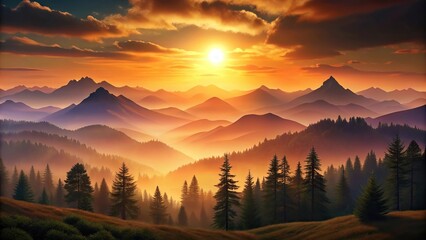 Nature-inspired landscape with sunsets over mountains in warm earthy tones, serene atmosphere, laptop wallpaper