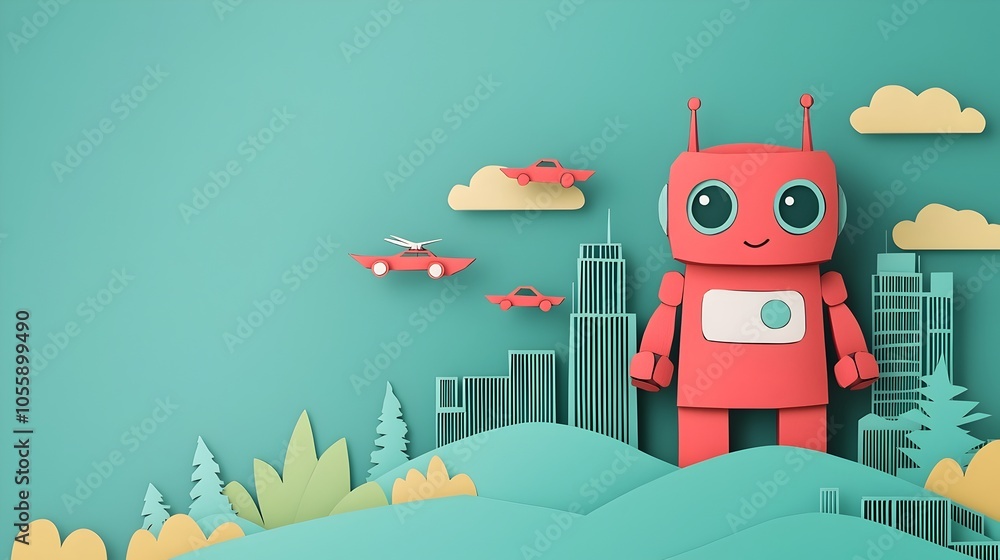 Poster Adorable 3D clay robots navigate a vibrant futuristic cityscape made of colorful paper cutouts with towering skyscrapers and flying vehicles hovering above the imaginative urban landscape