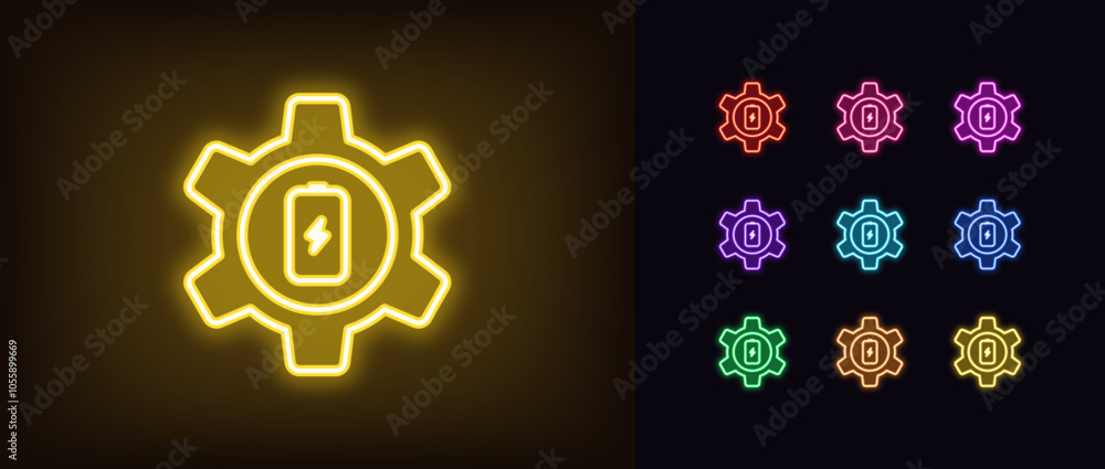Poster outline neon battery settings icon set. glowing neon battery power consumption optimization, smart c