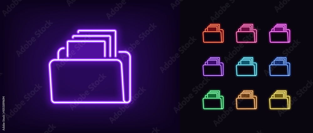 Poster outline neon file archive icon set. glowing neon digital folder with documents, data storage organiz