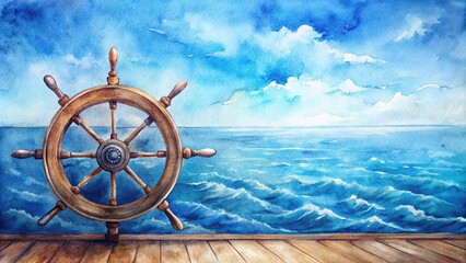 nautical blue sea steering commander ship wheel watercolour