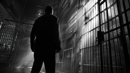 A solitary prisoner stands before the prison bars in a dimly lit corridor at night