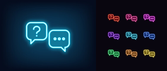 Outline neon live chat icon set. Glowing neon support chat, speech bubbles with question and answer icon. Online help service, assistance chat for client, ask question, user support. Vector icons