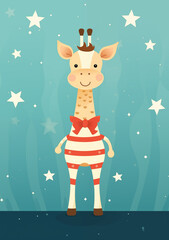 Naklejka premium Vintage birthday card, boy or girl party invite, animal, birthday invitation with cute giraffe in patriotic colors