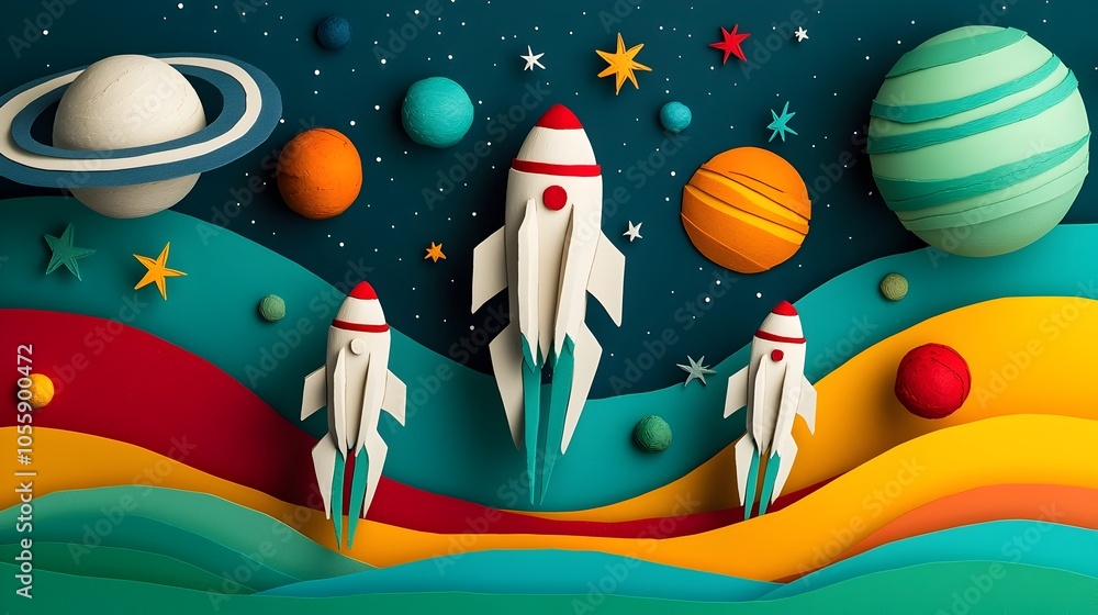 Poster futuristic 3d clay spaceships zooming through a layered paper cut galaxy with stars planets and aste