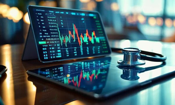 A tablet displaying financial data with a stethoscope, symbolizing the intersection of health and finance.