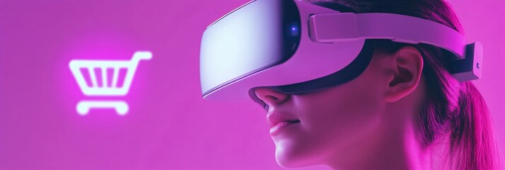 Woman using VR headset for virtual shopping on neon purple background. Cyber Monday, Black Friday. Virtual reality, metaverse, technology and online shopping concept. Template with copy space