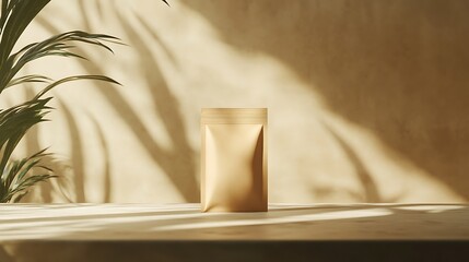 Mockup of a small pouch packaging with blank label, placed on a minimalist surface with gentle lighting