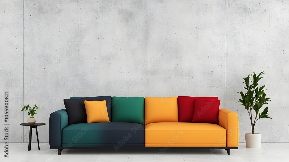 Aufkleber minimalist and airy living room design with plush sectional sofa bold color scheme and smooth concre