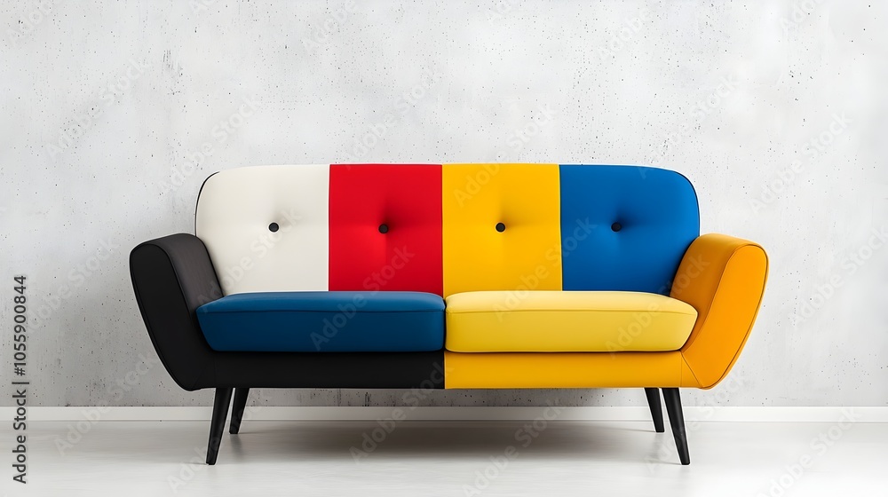 Poster minimalist and modern living room design featuring a colorful multicolored sofa against a concrete w