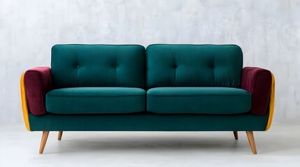 Fototapeta premium Vibrant teal velvet sofa against a backdrop of a bright modern living space with minimalist decor and industrial concrete accents Soft diffused lighting creates a cozy Scandinavian inspired ambiance