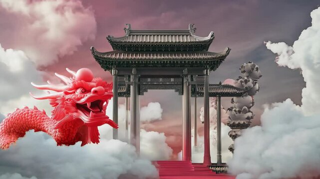The Chinese dragon, wearing red, stands in the gate of an ancient building, surrounded by clouds.