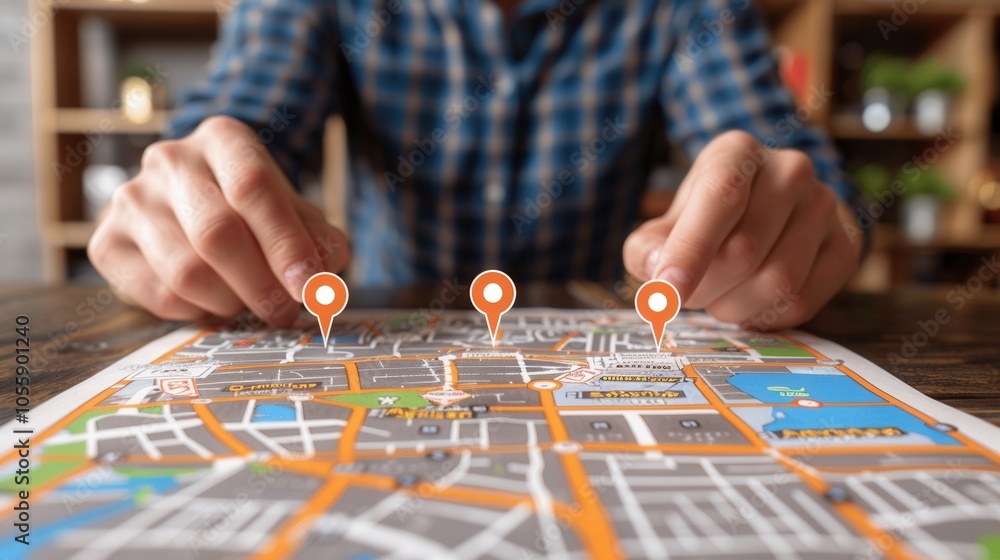 Poster a man is pointing at three different locations on a map