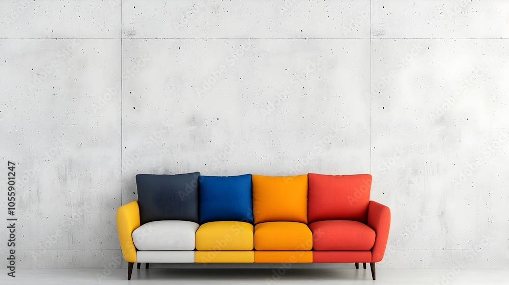 Poster Spacious minimalist lounge with plain concrete backdrop and vibrant multicolored sofa as the centerpiece  The wide unobstructed view sparse furnishings