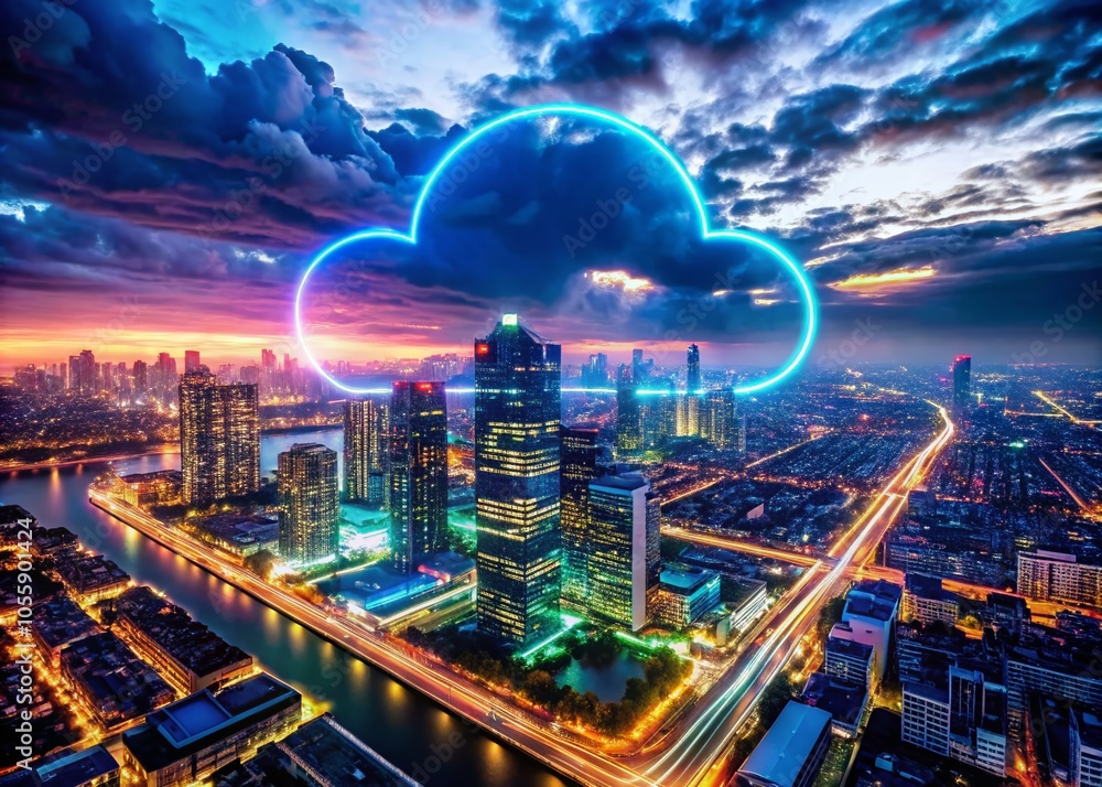 Poster neon cloud upload animation for digital storage and data transfer visuals