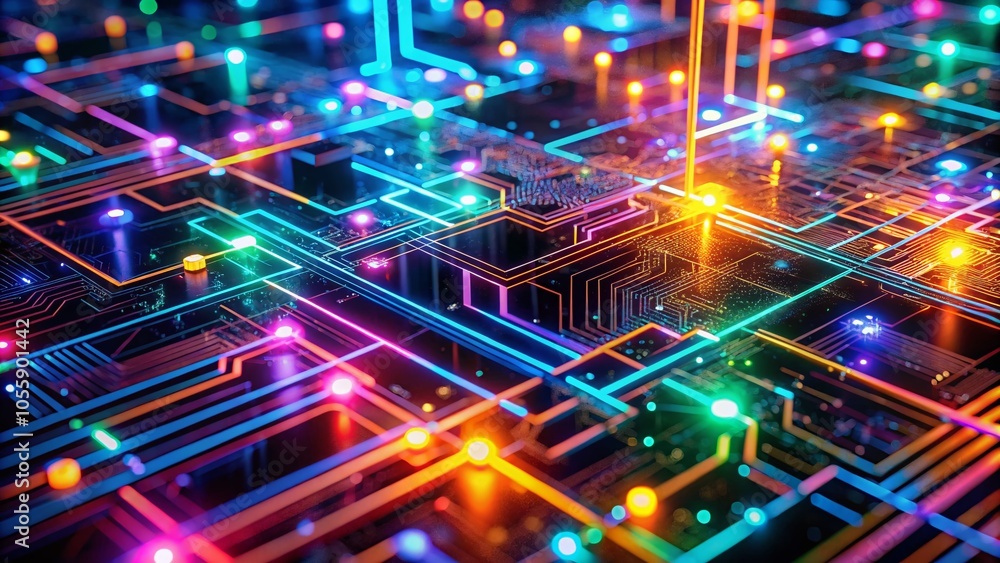 Poster neon glowing multi-pathway neural circuits in high-tech abstract art for technological advancement