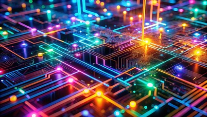 Obraz premium Neon Glowing Multi-Pathway Neural Circuits in High-Tech Abstract Art for Technological Advancement