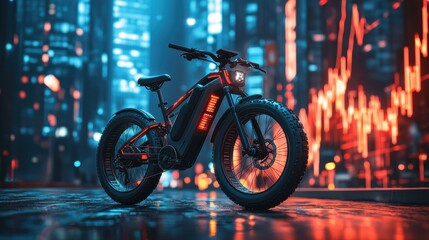 Futuristic electric bike against urban cityscape with stock market trends a vision of modern mobility and economic growth