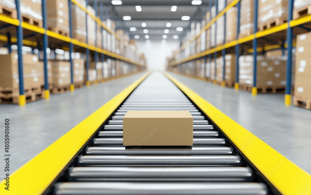 Poster automated sorting system in warehouse, packages moving on belts, clean design