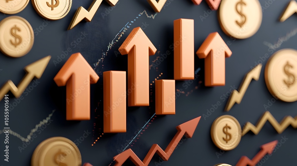 Poster Vibrant 3D Financial Market Visualization with Key Economic Indicators and Performance Metrics  Showcasing a complex graph displaying vital investment data trade flows
