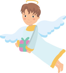 Cute Angelic Boy Holding a Gift vector illustration