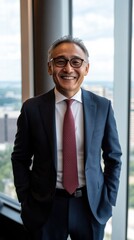 Fototapeta premium 成功した日本のビジネスマンがオフィスの室内で自信を持って微笑んでいる