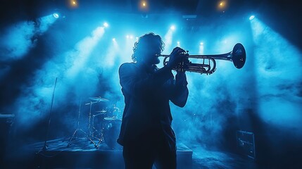 A silhouette of a trumpet player performing on stage, illuminated by blue spotlights and smoke.