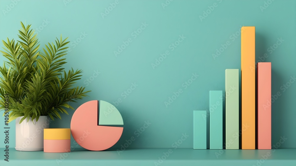 Poster Visually engaging 3D data visualization infographic components in a soothing pastel color palette including bar charts pie graphs and line plots designed for a modern office desk backdrop