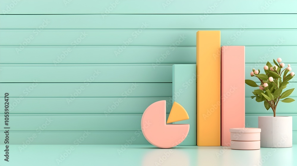 Poster Whimsical pastel colored 3D bar charts pie graphs and line plots engaging data presentation with shadowy depth precisely crafted infographic components on a sleek office desk backdrop