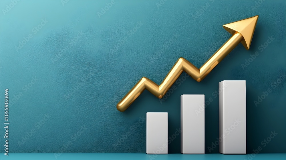 Poster prosperous 3d financial chart with upward pointing gold arrow symbolizing business growth and profit