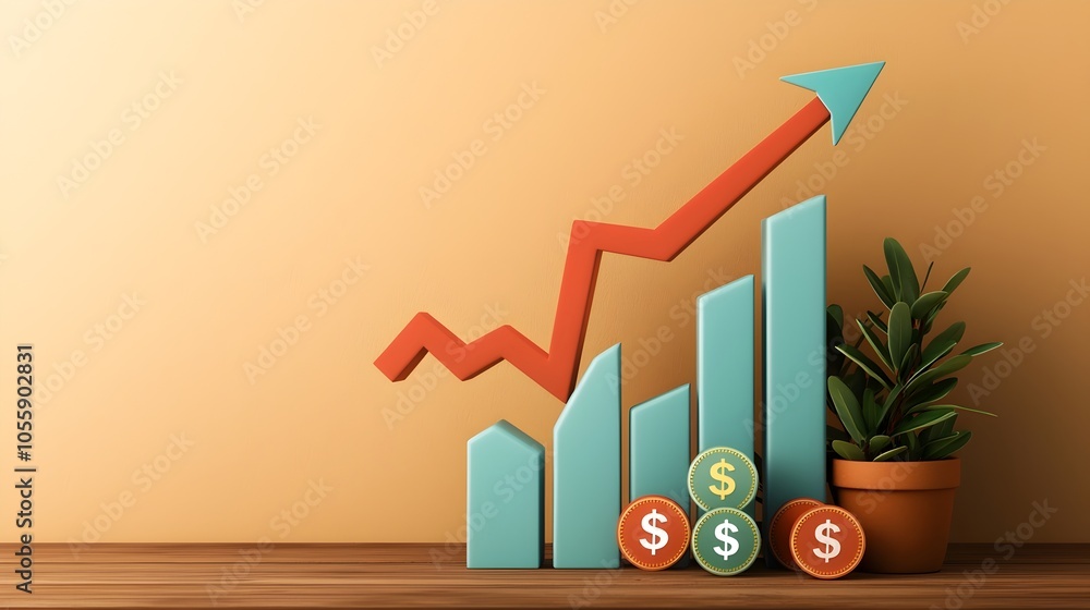 Poster of a financial business growth concept featuring a 3d graph various currency trade symbols and an up
