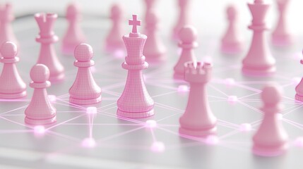 Pink chess pieces on a board with a network of glowing lines.