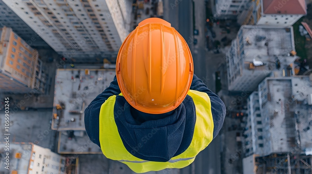 Wall mural aerial top down view of a construction site showcasing sustainable and resource efficient building d