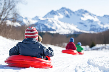A group of children are riding on sleds down a snowy hill