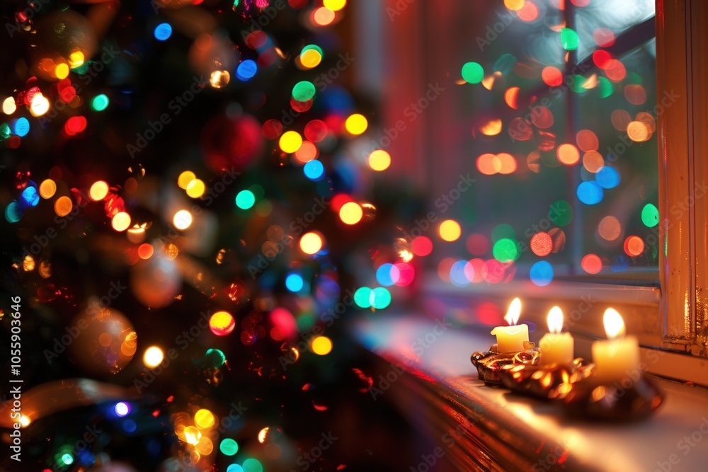 Poster a christmas tree with many lights and a window with candles in it