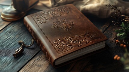 Fototapeta premium Personalized notebook with engraved cover, gift-ready presentation, 3D illustration.