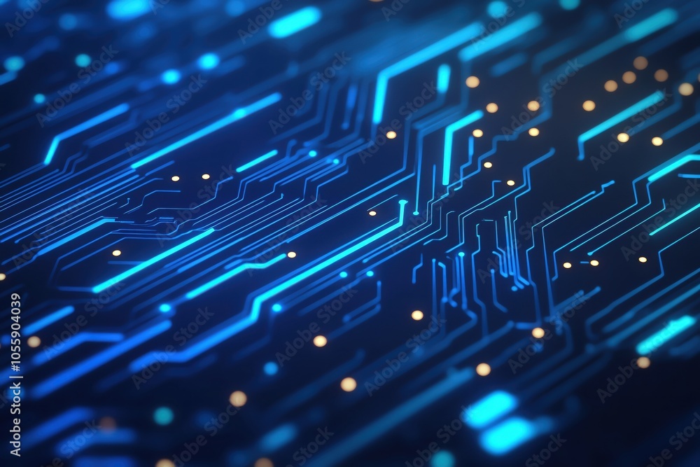 Poster abstract blue circuit board background with glowing lines and dots.