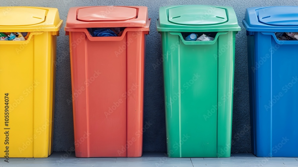 Aufkleber top down wide angle view of various colorful trash bins lined up in an urban alley showcasing organi