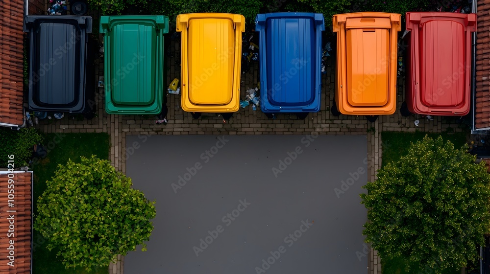 Poster Top down wide angle view of various colorful trash bins lined up in an urban alley showcasing an organized waste disposal system for efficient and sustainable resource management